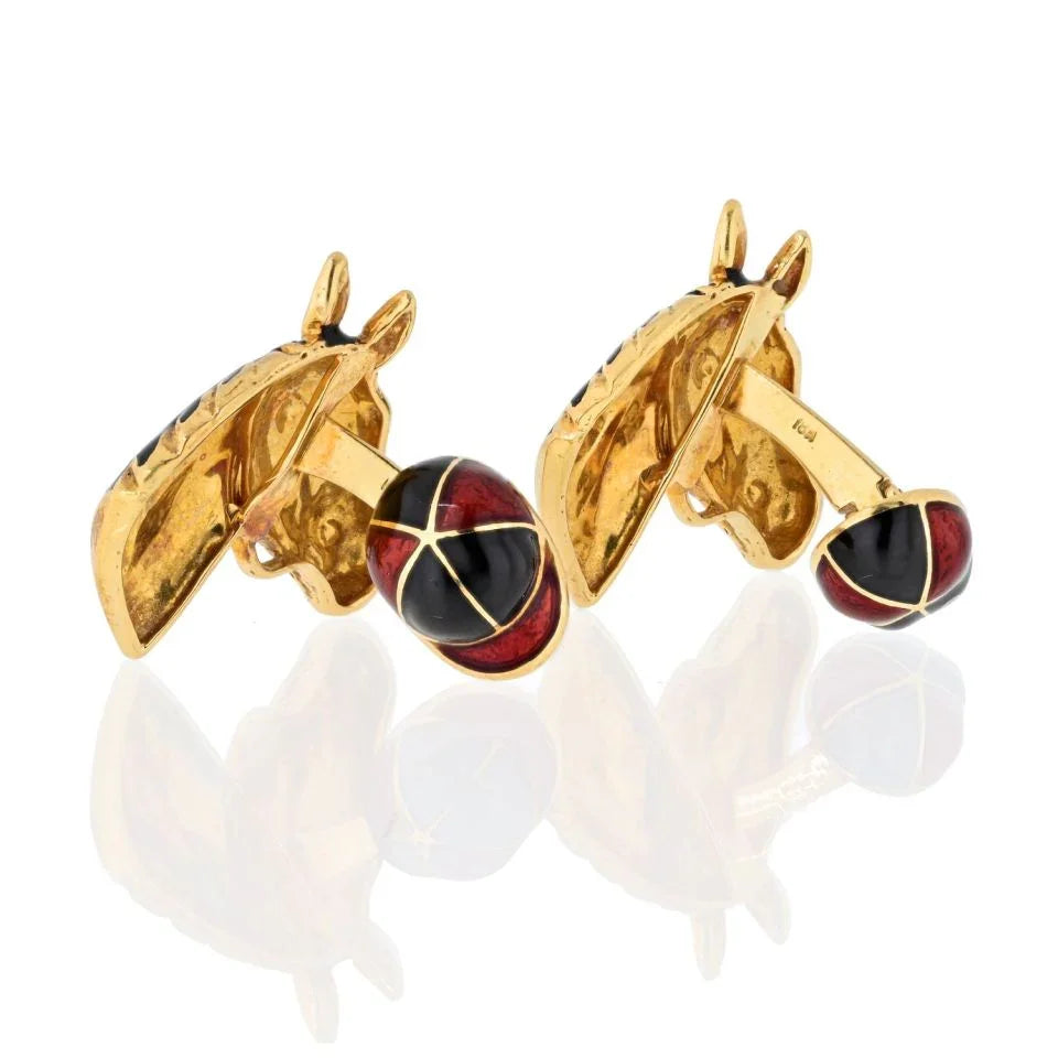 David Webb 18K Yellow Gold Black Enamel Jockey Horse Cuff Links — view 3 — Laura Milman New York