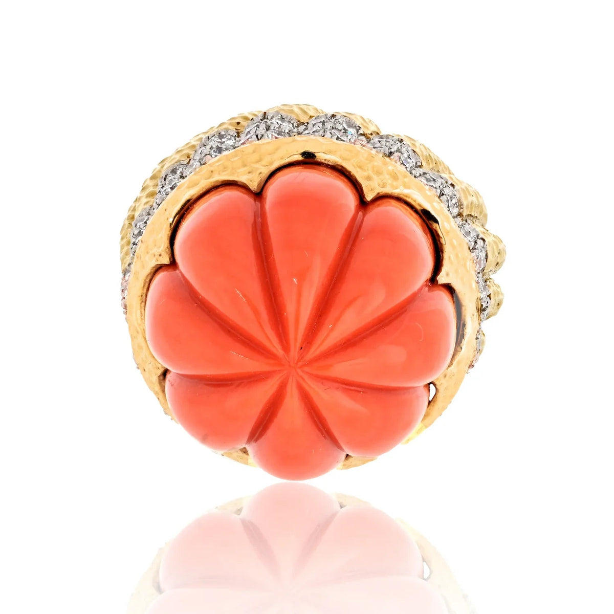 David Webb Platinum & 18K Yellow Gold Carved Coral Diamond Rim Ring — view 2 — Laura Milman New York
