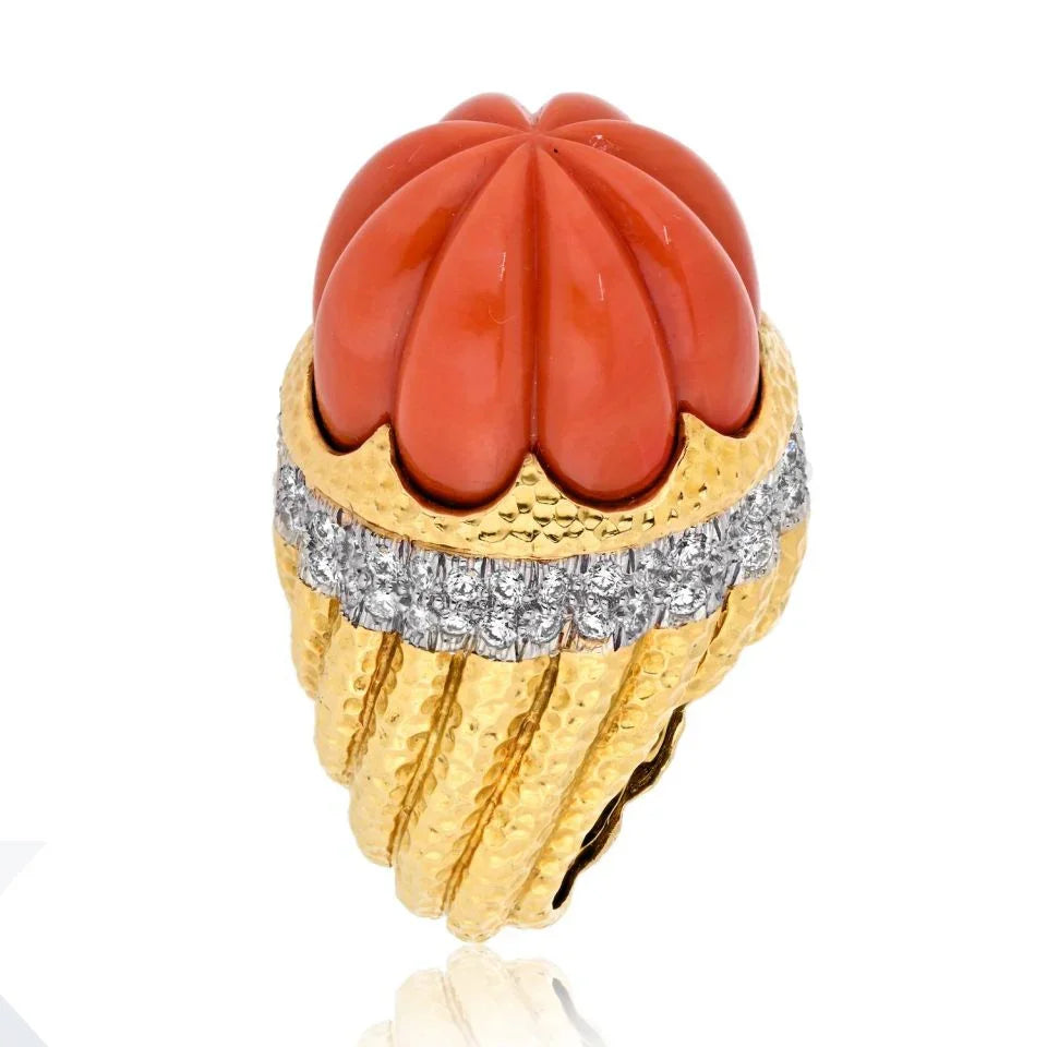 David Webb Platinum & 18K Yellow Gold Carved Coral Diamond Rim Ring — Laura Milman New York