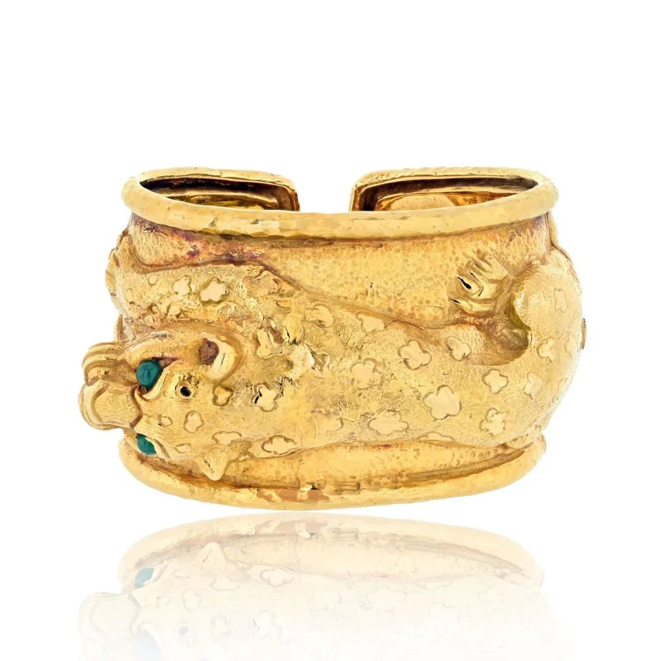 David Webb 18K Yellow Gold Repousee Leopard With Green Emerald Eyes Bracelet — view 2 — Laura Milman New York