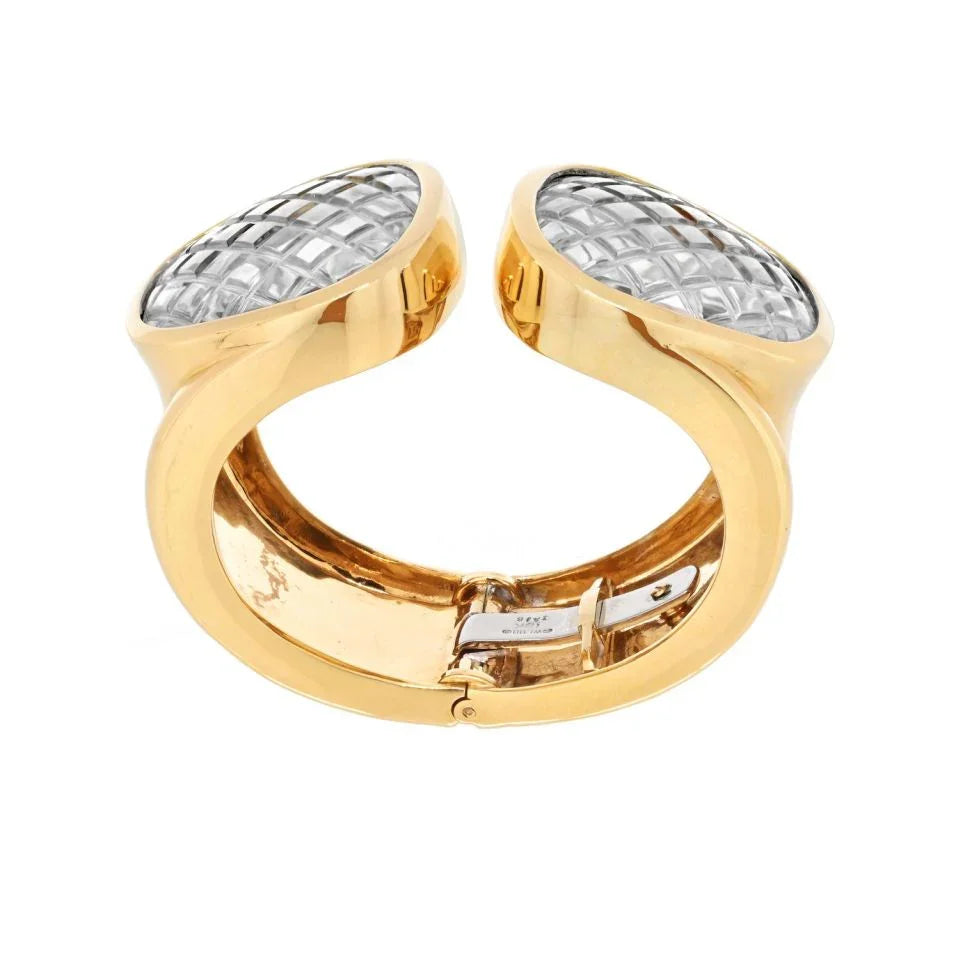 David Webb Platinum & 18K Yellow Gold Rock Crystal Cross Hatched Bracelet — view 3 — Laura Milman New York