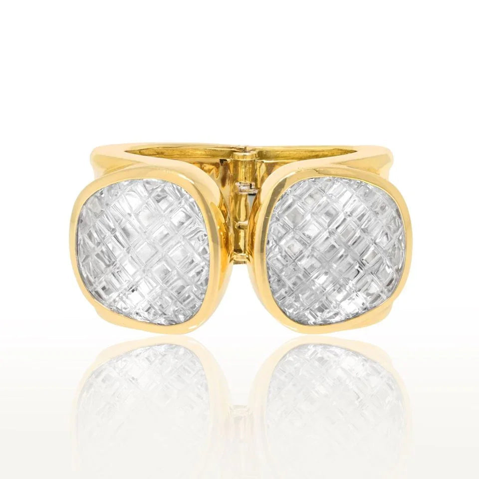 David Webb Platinum & 18K Yellow Gold Rock Crystal Cross Hatched Bracelet — Laura Milman New York