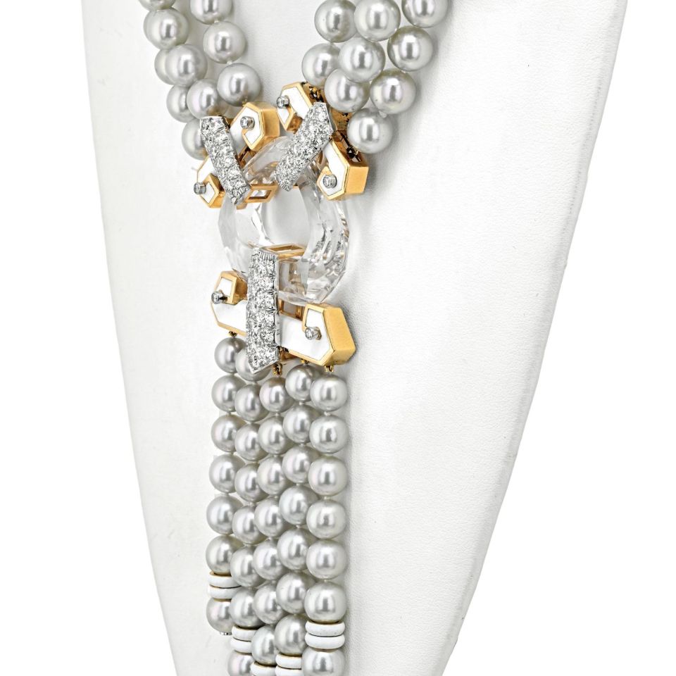 David Webb Pearl Platinum & 18K Yellow Gold Dusk Pearl Rock Crystal Diamond White Enamel Necklace — view 4 — Laura Milman New York