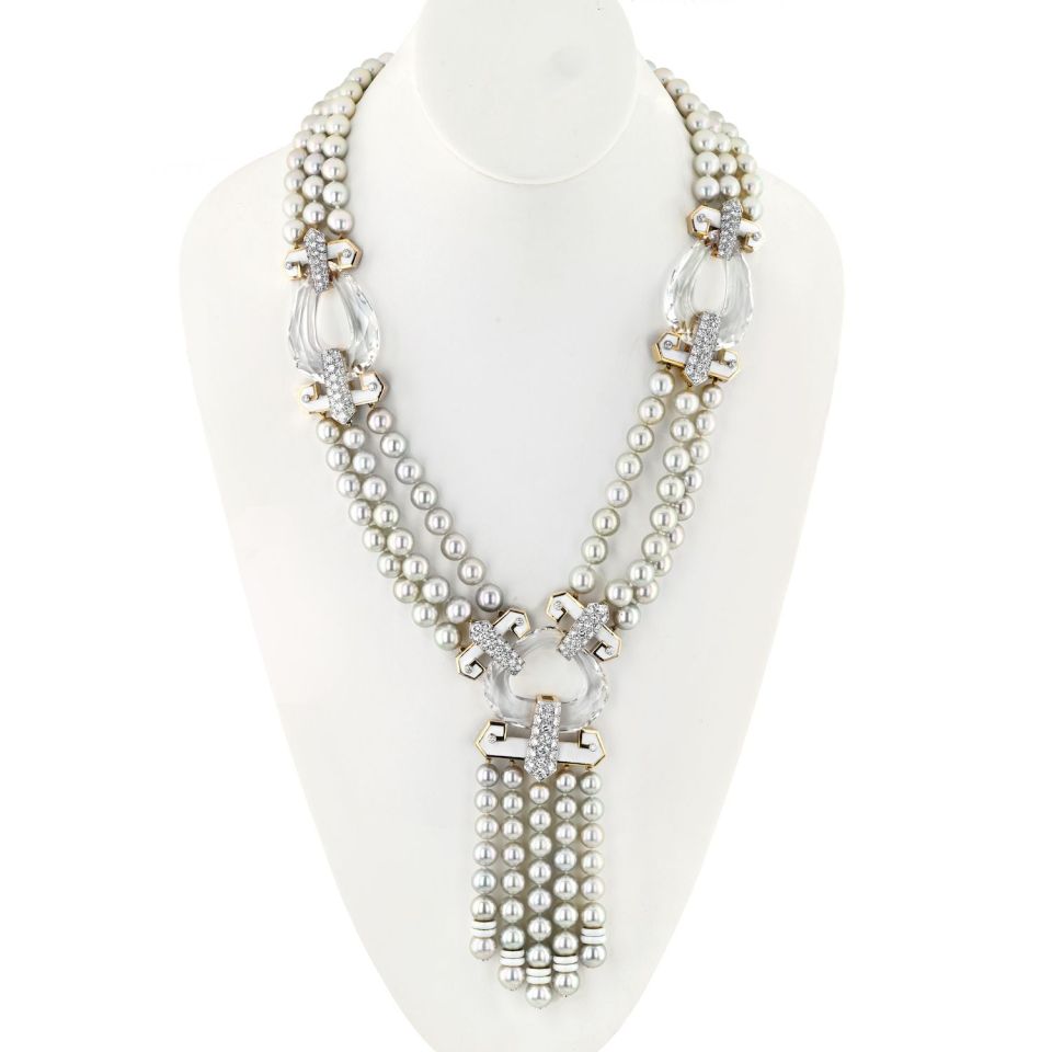 David Webb Pearl Platinum & 18K Yellow Gold Dusk Pearl Rock Crystal Diamond White Enamel Necklace — Laura Milman New York