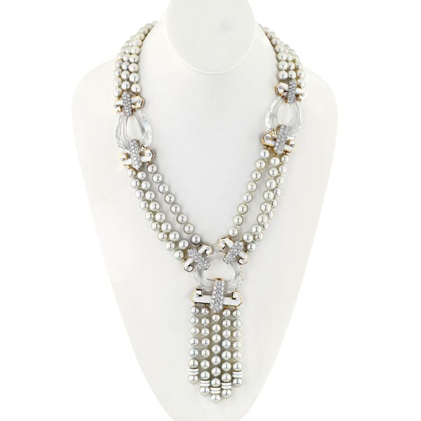 David Webb Pearl Platinum & 18K Yellow Gold Dusk Pearl Rock Crystal Diamond White Enamel Necklace