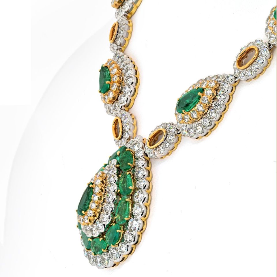 David Webb Emerald Platinum & 18K Yellow Gold Pear Shaped Green Emerald And Diamond Vintage Necklace — view 4 — Laura Milman New York