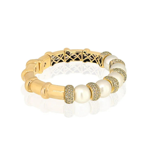 Bvlgari 18K White Gold Diamond And Pearl Cuff Bangle Bracelet — view 2