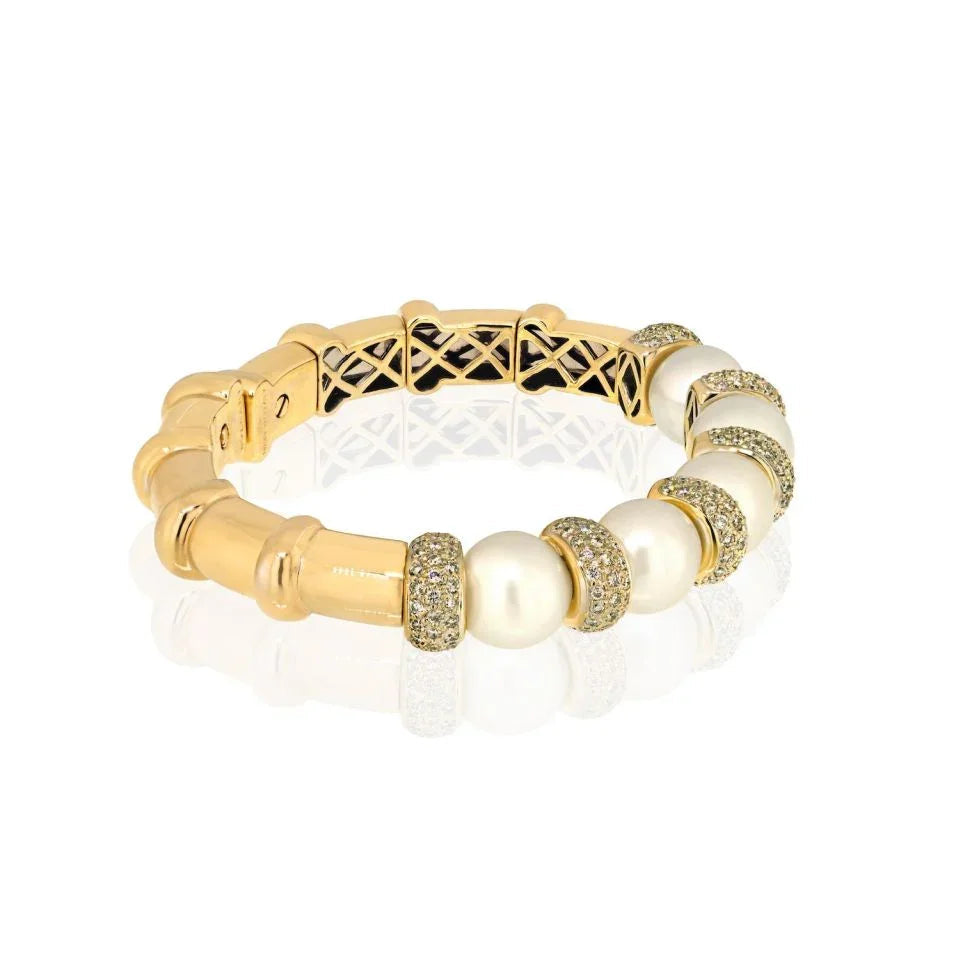 Bvlgari 18K White Gold Diamond And Pearl Cuff Bangle Bracelet — view 2 — Laura Milman New York