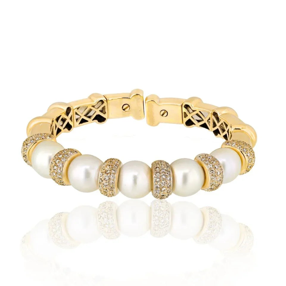 Bvlgari 18K White Gold Diamond And Pearl Cuff Bangle Bracelet — Laura Milman New York