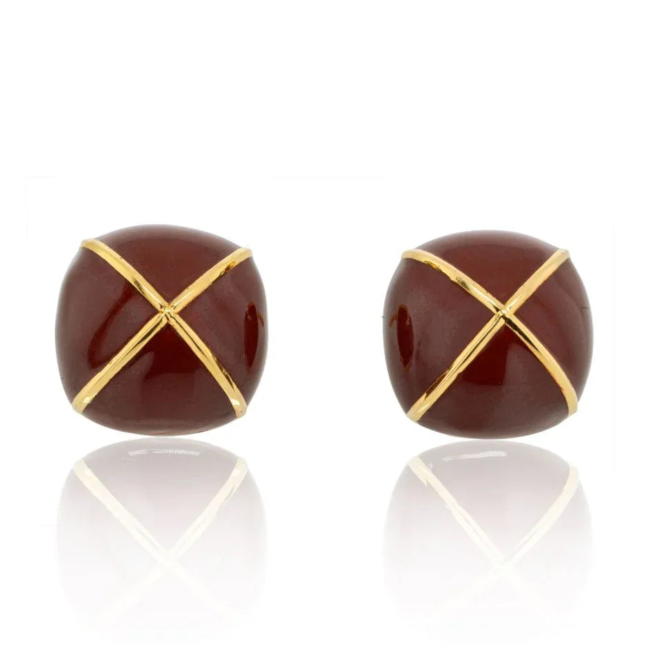 David Webb Yellow Gold Large Square Cushion Brown Enamel Clip-Ons Earrings — Laura Milman New York