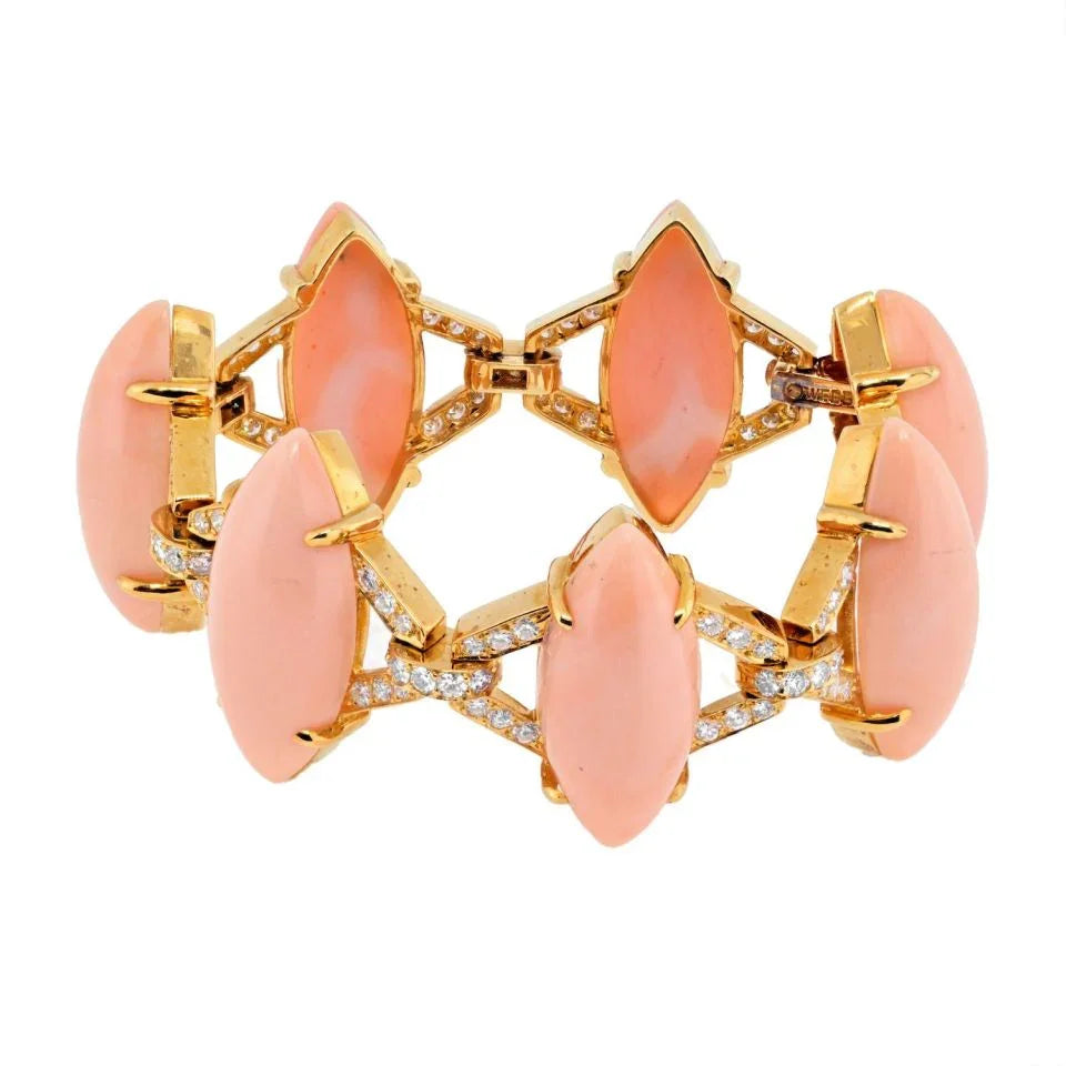 David Webb Platinum & 18K Yellow Gold Marquise Coral And 5.00cttw Diamond Bracelet — view 2 — Laura Milman New York