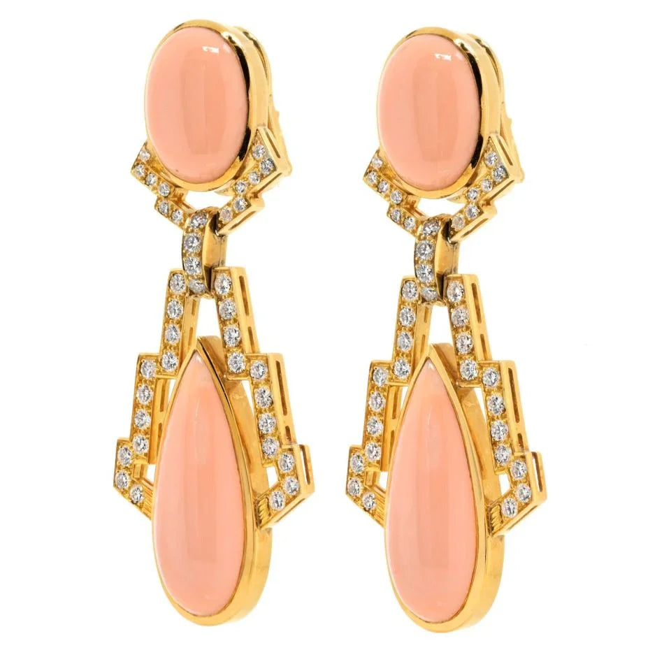David Webb Platinum & 18K Yellow Gold Coral And 4.00cttw Diamond Drop Earrings — view 2 — Laura Milman New York