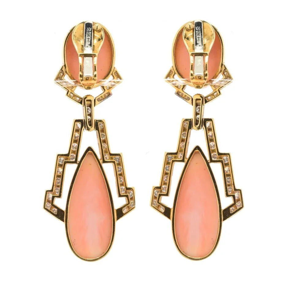 David Webb Platinum & 18K Yellow Gold Coral And 4.00cttw Diamond Drop Earrings — view 4 — Laura Milman New York