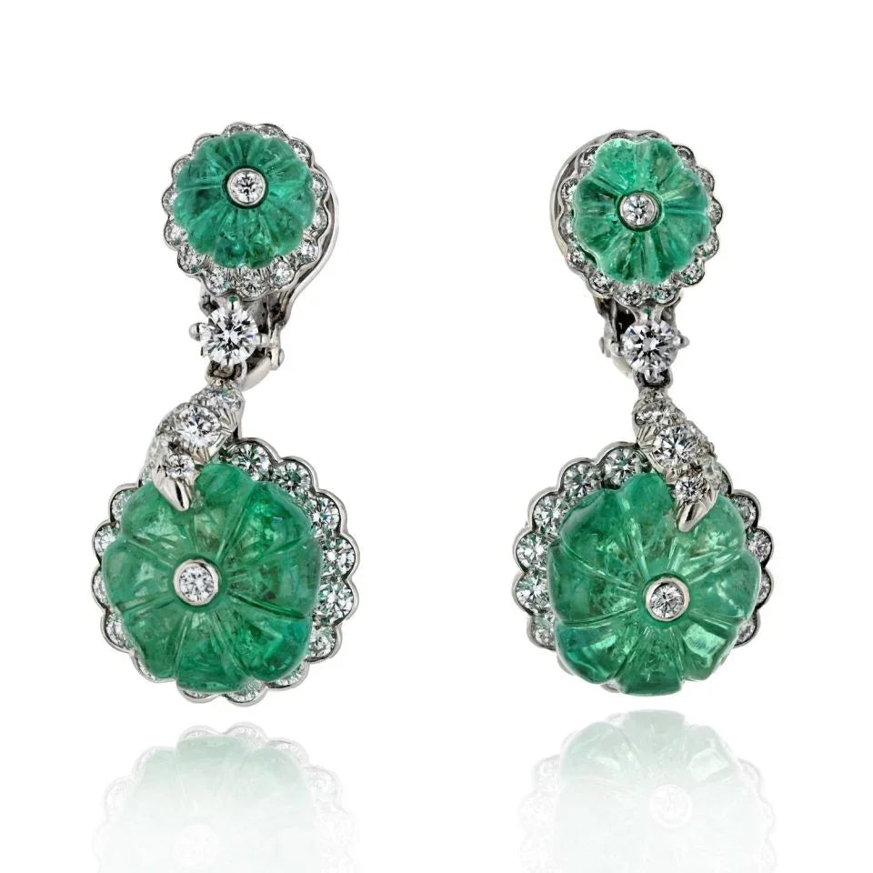 David Webb Platinum Carved Green Emerald And Diamond Drop Earrings — Laura Milman New York