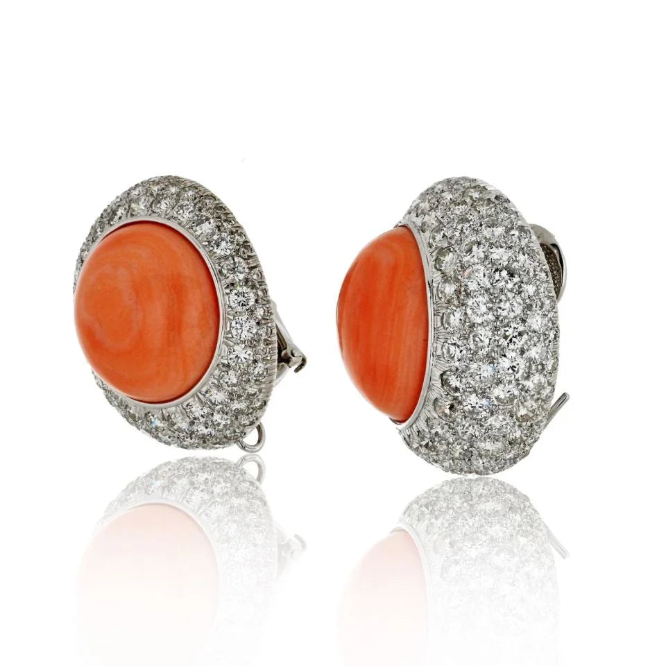 David Webb 18K White Gold 12.50cttw Round Button Coral And Daimond Clip Earrings — view 2 — Laura Milman New York