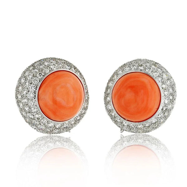 David Webb 18K White Gold 12.50cttw Round Button Coral And Daimond Clip Earrings