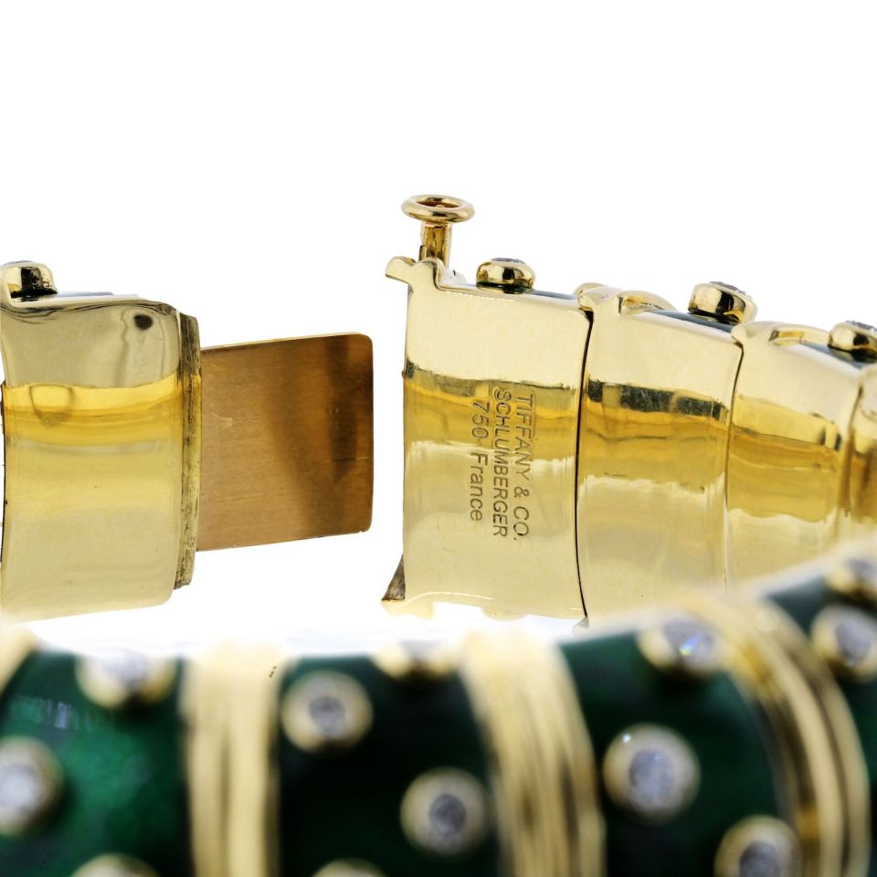 Tiffany Schlumberger 18K Gold Platinum Green Enamel Diamond Bangle