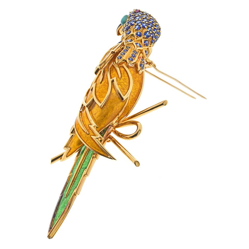 Tiffany Schlumberger 18K Gold Platinum Sapphire Parrot Brooch