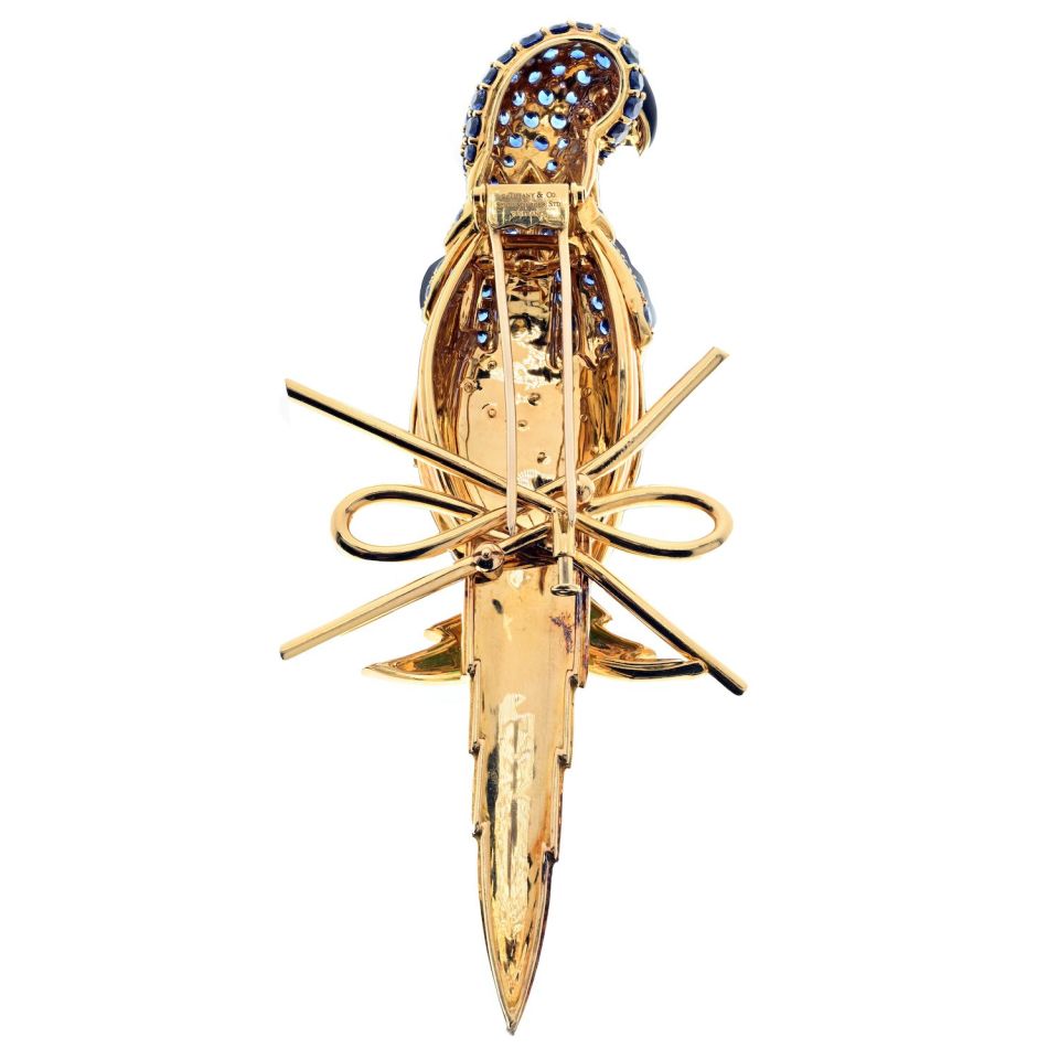 Tiffany Schlumberger 18K Gold Platinum Sapphire Parrot Brooch