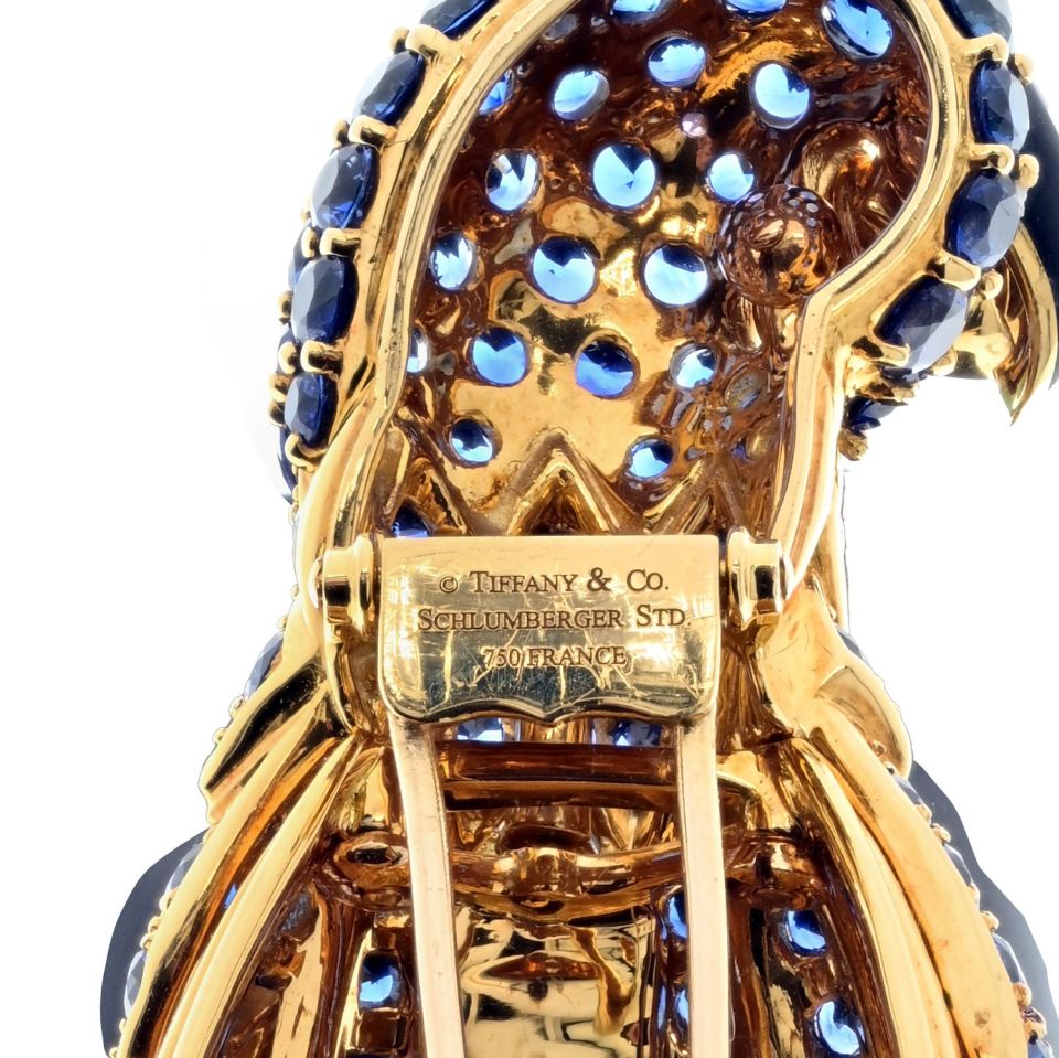Tiffany Schlumberger 18K Gold Platinum Sapphire Parrot Brooch