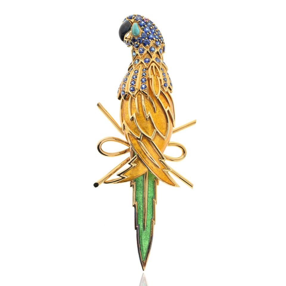 Tiffany Schlumberger 18K Gold Platinum Sapphire Parrot Brooch