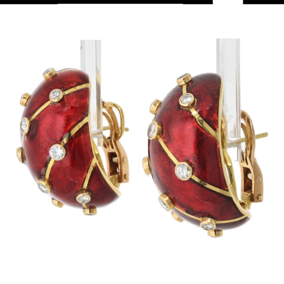 Tiffany Schlumberger 18K Gold Platinum Red Enamel Diamond Earrings