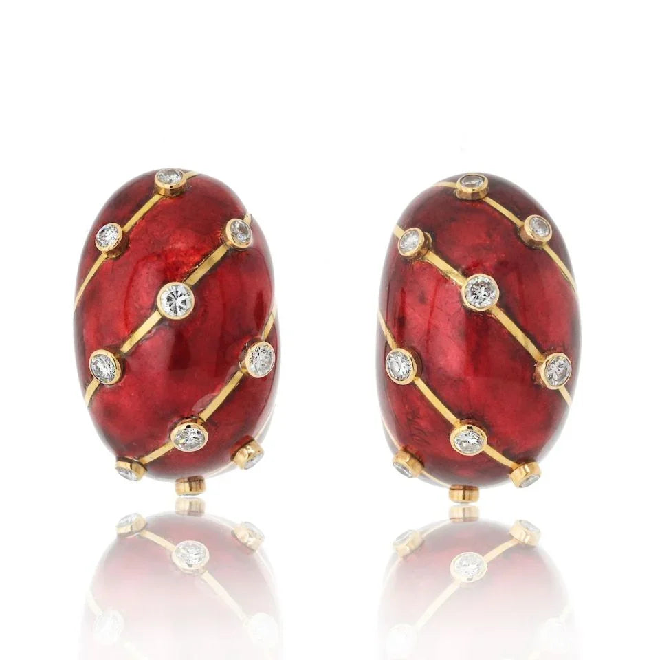 Tiffany & Co. Schlumberger Platinum & 18K Yellow Gold Red Enamel Diamond Earrings — Laura Milman New York