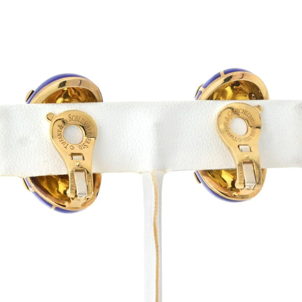 Tiffany & Co. Schlumberger Platinum & 18K Yellow Gold Lozenge Blue Enamel Earrings — view 4 — Laura Milman New York