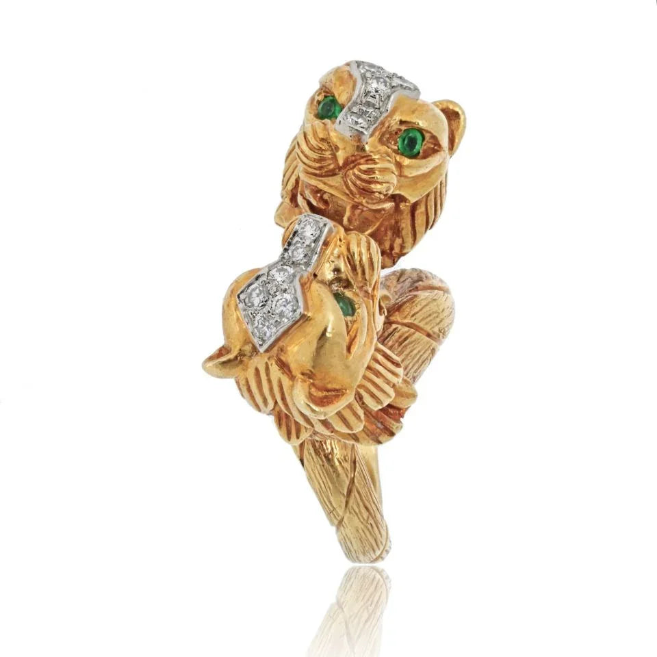 David Webb Platinum & 18K Yellow Gold Double Head Lion Ring — Laura Milman New York