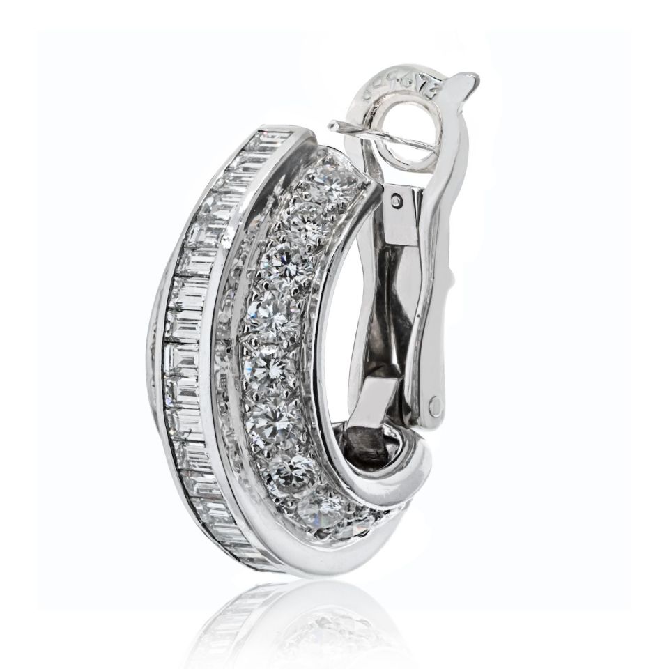 Cartier Platinum Huggie Earrings with 8ct Round and Baguette Diamonds, 23mm