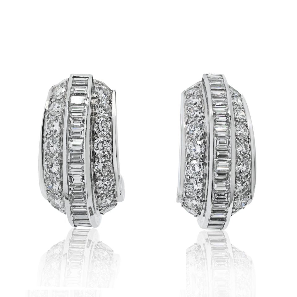 Cartier Platinum Huggie Earrings with 8ct Round and Baguette Diamonds, 23mm
