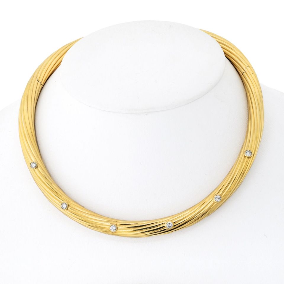 Cartier Collar 18K Yellow Gold Fluted Twist Diamond Choker Necklace — view 3 — Laura Milman New York