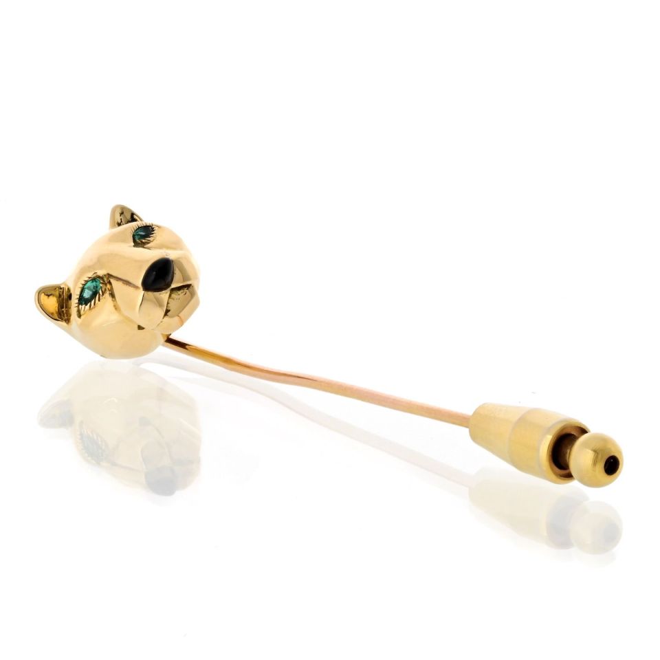 Cartier 18K Yellow Gold Panthere Head Tie Pin Brooch, 14mm Head