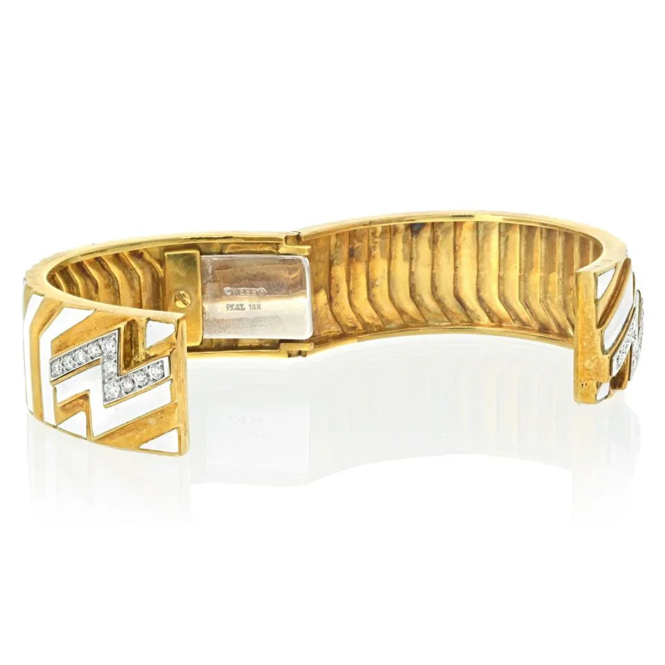 David Webb Platinum & 18K Yellow Gold Zig Zag Diamond Motif White Enamel Bangle Bracelet — view 2 — Laura Milman New York
