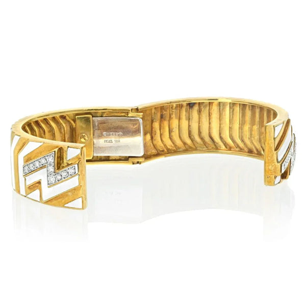 David Webb Platinum & 18K Yellow Gold Zig Zag Diamond Motif White Enamel Bangle Bracelet — view 2