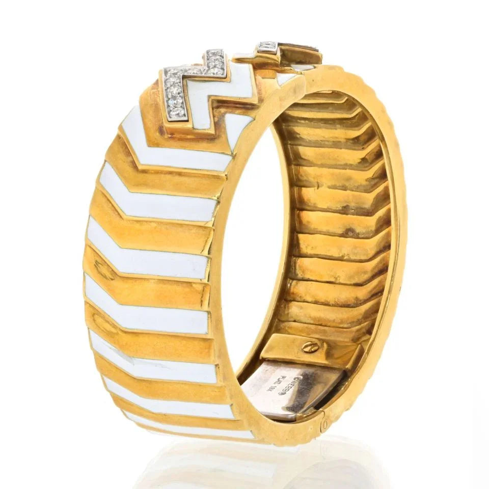 David Webb Platinum & 18K Yellow Gold Zig Zag Diamond Motif White Enamel Bangle Bracelet — view 3 — Laura Milman New York