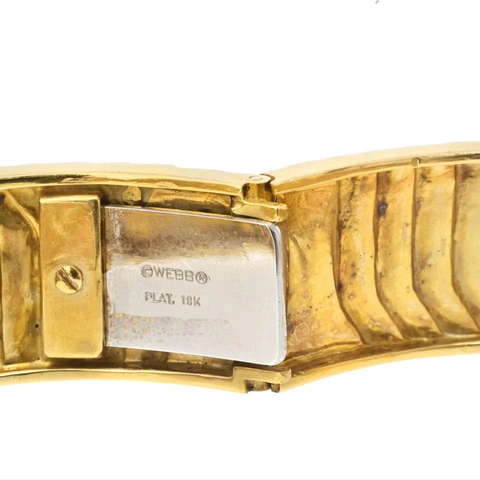 David Webb Platinum & 18K Yellow Gold Zig Zag Diamond Motif White Enamel Bangle Bracelet — view 5 — Laura Milman New York