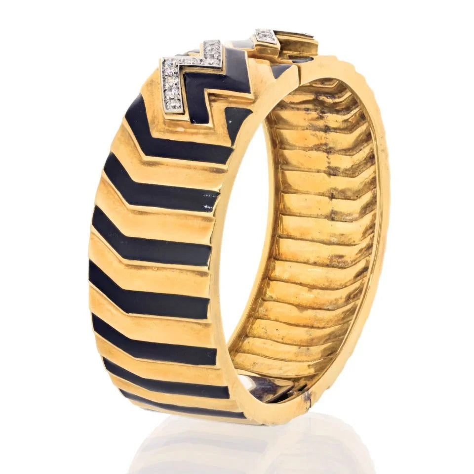 David Webb Platinum & 18K Yellow Gold Stripe Black Enamel Diamond Zig Zag Bracelet — view 3 — Laura Milman New York