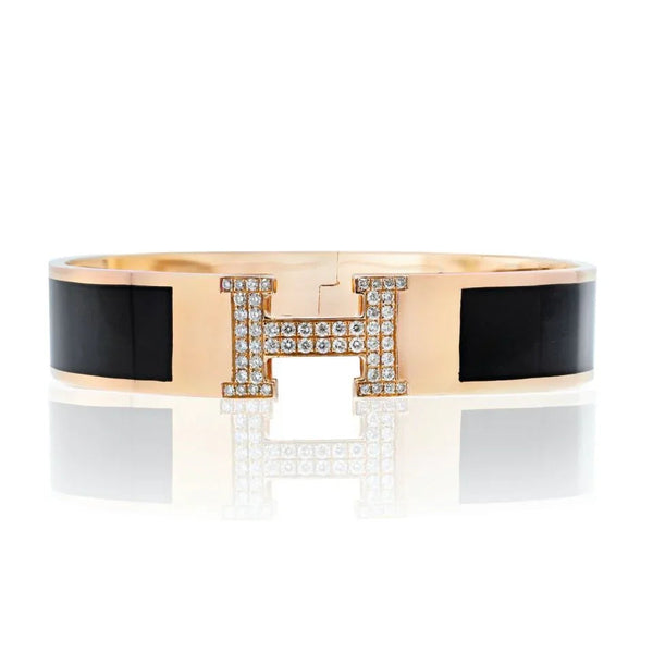 Hermès 18K Yellow Gold Clic Clac H Diamond Black Enamel Bracelet