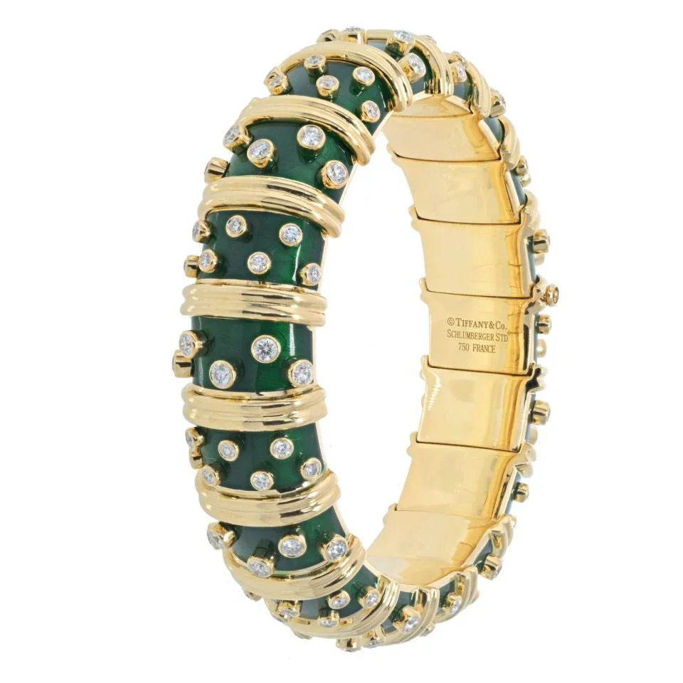 Tiffany & Co. Schlumberger 18K Yellow Gold Dark Green Enamel And Diamond Bracelet — view 2 — Laura Milman New York