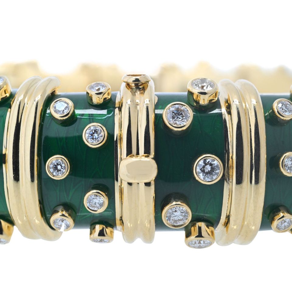 Tiffany Schlumberger 18K Gold Platinum Green Enamel Diamond Bangle