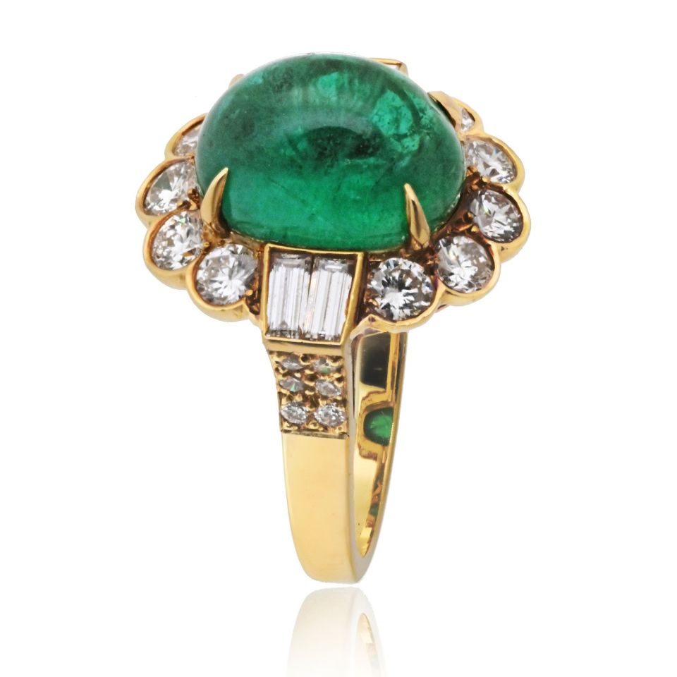 Van Cleef & Arpels 18K Yellow Gold 1960's Cabochon Cut Green Emerald And Diamond Ring — view 2 — Laura Milman New York
