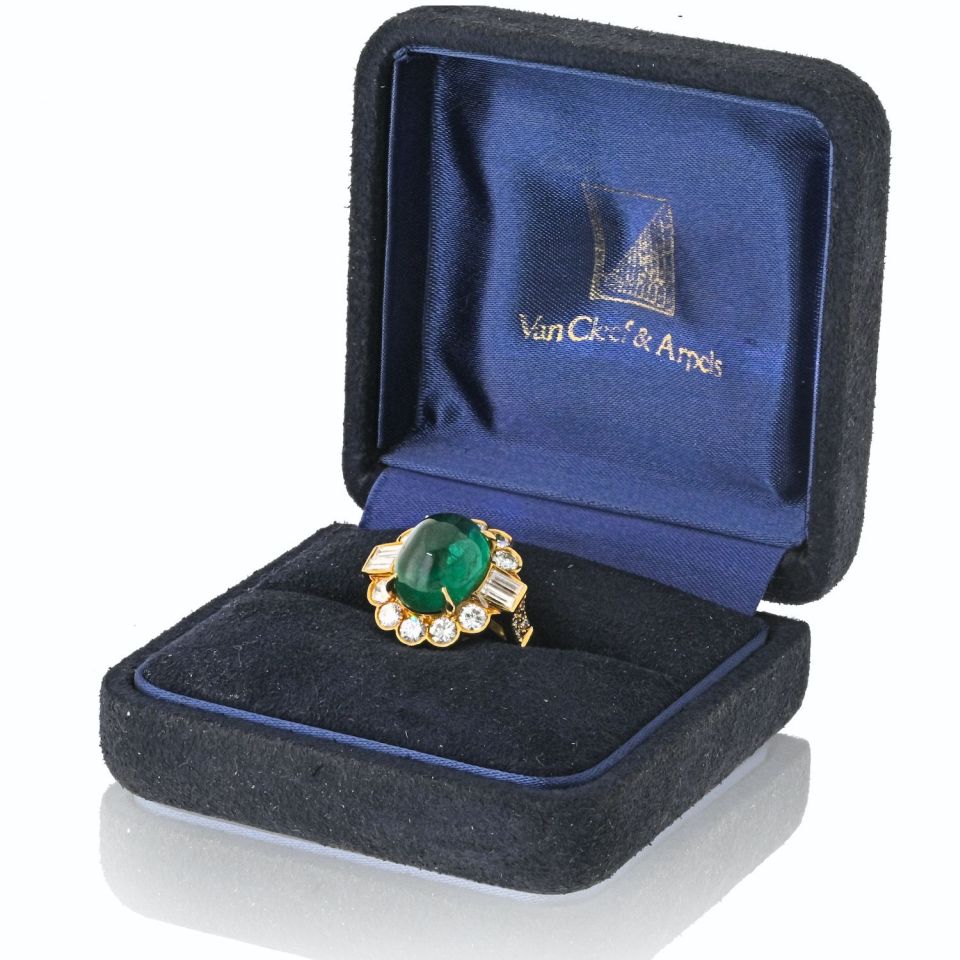 Van Cleef & Arpels 18K Yellow Gold 1960's Cabochon Cut Green Emerald And Diamond Ring — view 5 — Laura Milman New York