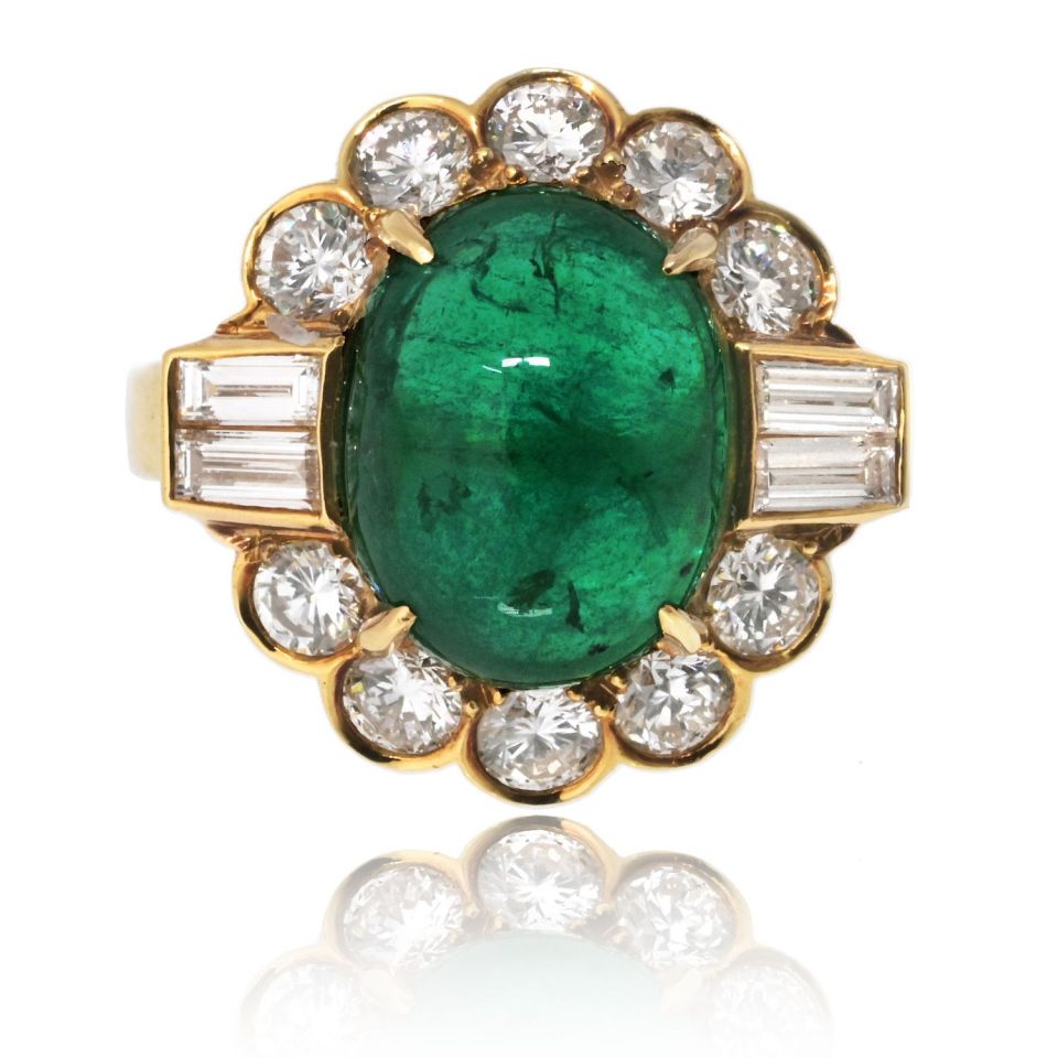 Van Cleef & Arpels 18K Yellow Gold 1960's Cabochon Cut Green Emerald And Diamond Ring — Laura Milman New York