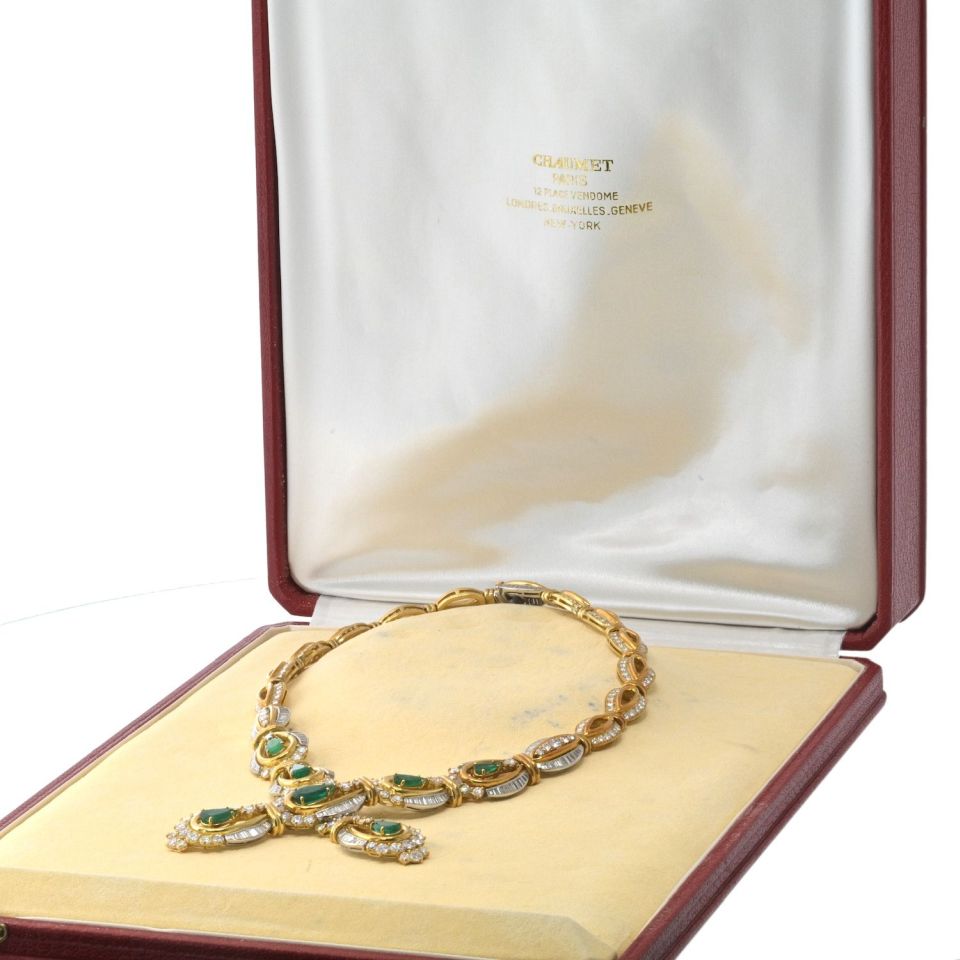 Chaumet Emerald Platinum & 18K Yellow Gold Diamond And Green Emerald Ladies Necklace — view 4 — Laura Milman New York