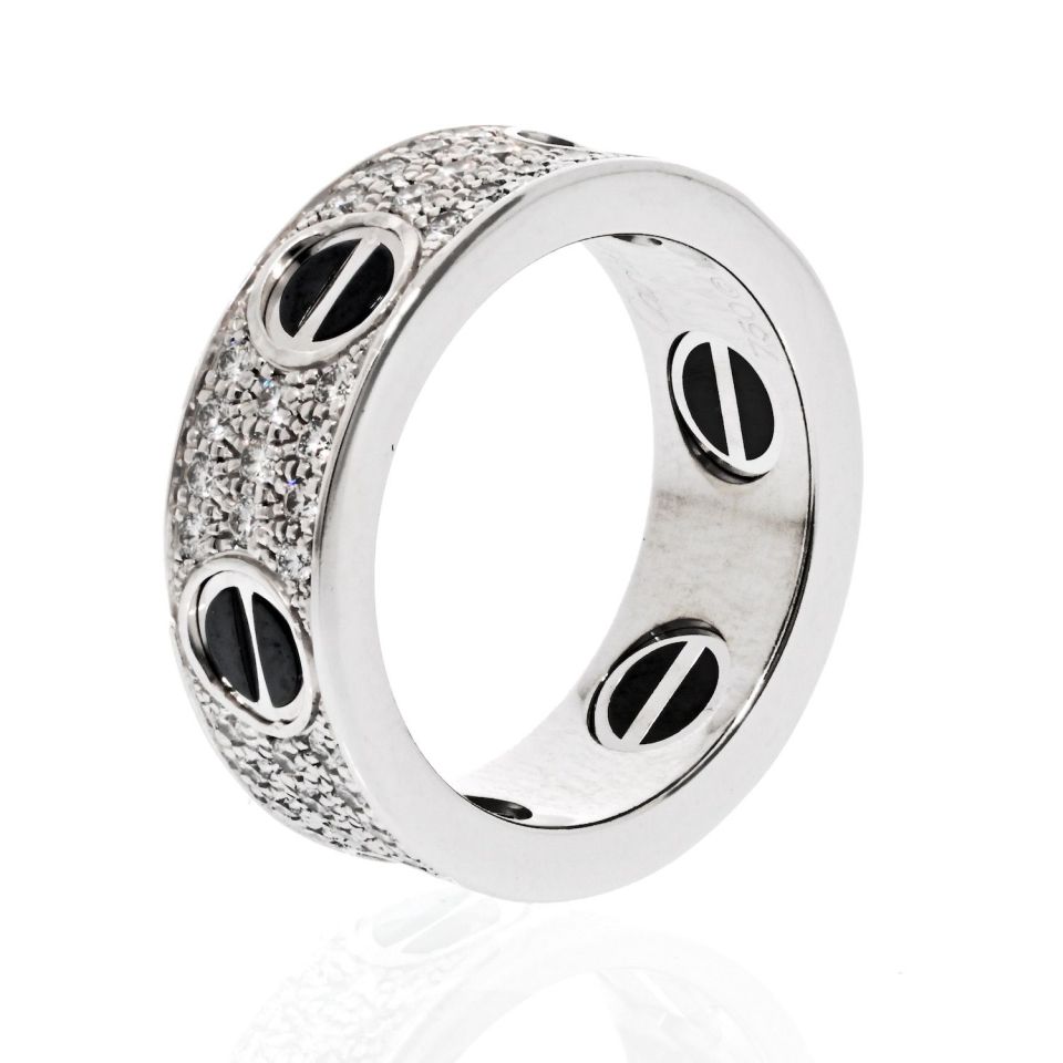 Cartier 18K White Gold Love Ring with Black Ceramic, Size 5.25