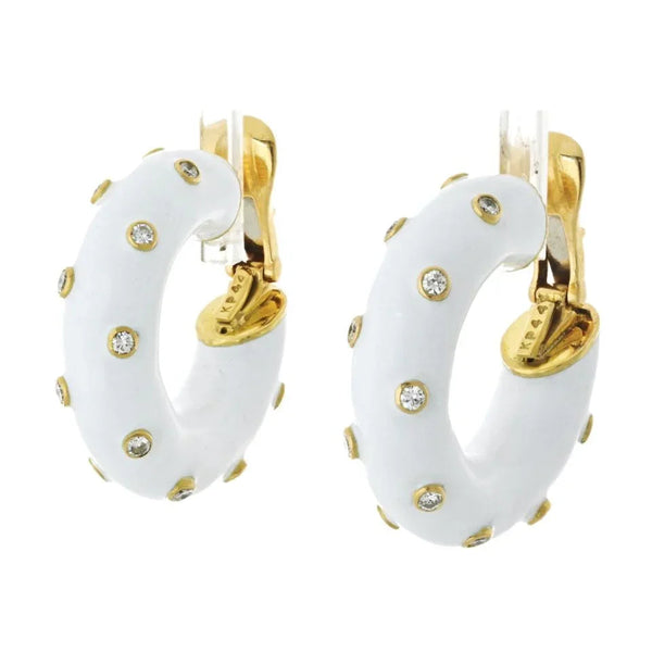 David Webb Platinum & 18K Yellow Gold White Enamel And Diamond Mini Hoop Earrings — view 2