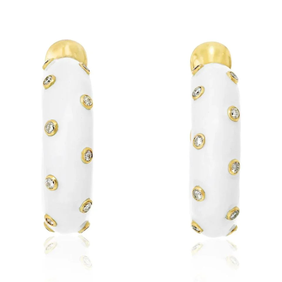 David Webb Platinum & 18K Yellow Gold White Enamel And Diamond Mini Hoop Earrings — Laura Milman New York