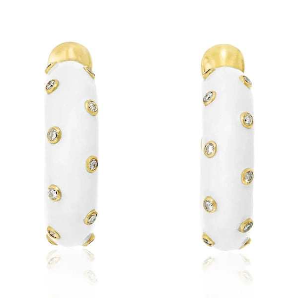 David Webb Platinum & 18K Yellow Gold White Enamel And Diamond Mini Hoop Earrings