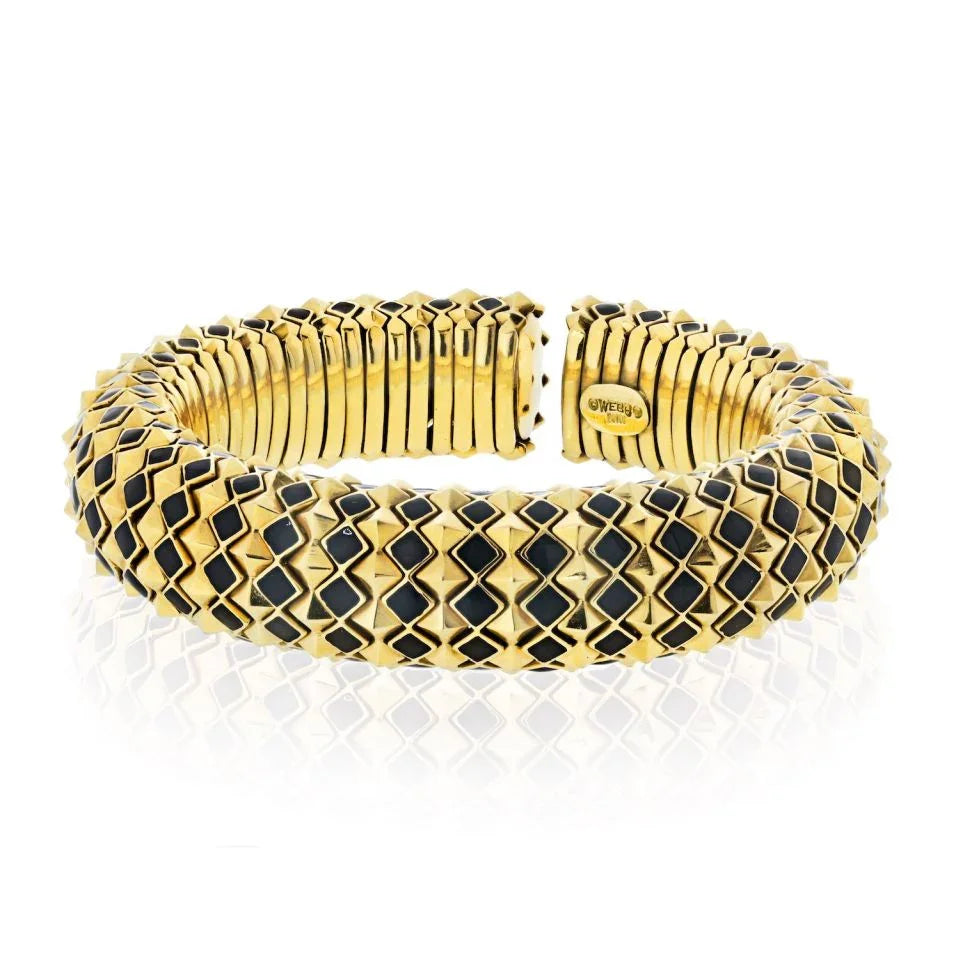 David Webb 18K Yellow Gold Spike Black Enamel Pyramid Slip On Bracelet — view 2 — Laura Milman New York